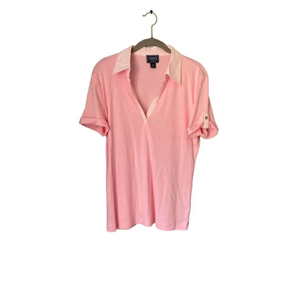 Chaps classic pink women’s Gingham trimmed top V-neck/size large￼